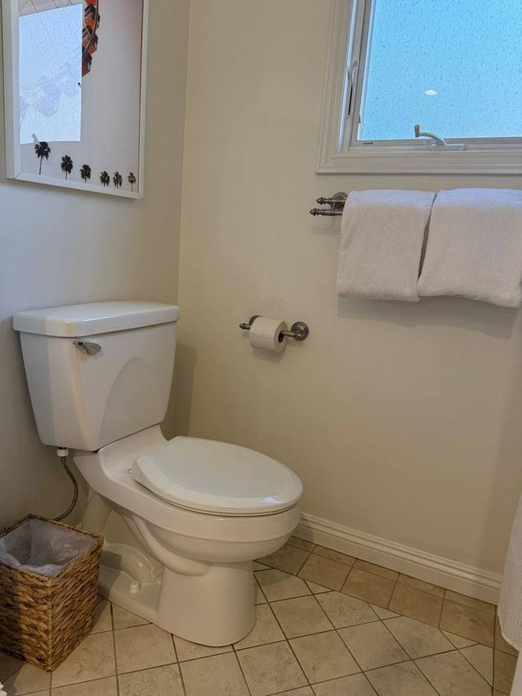 Artfully arranged guest soaps, shampoos, and rolled hand towels in luxury Airbnb bathroom